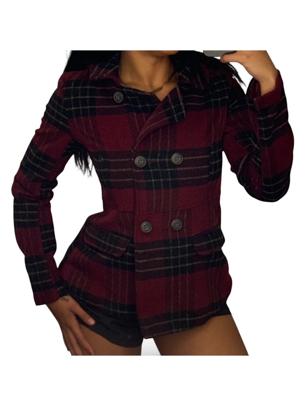Aeropostale Hooded Plaid Wool Blend Peacoat Burgundy Black Size Small